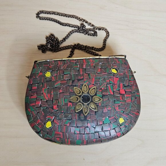 Handcrafted Mosaic Purse With Chain Strap & Sunburst Design Red/Green & Brass Ac - Picture 2 of 12